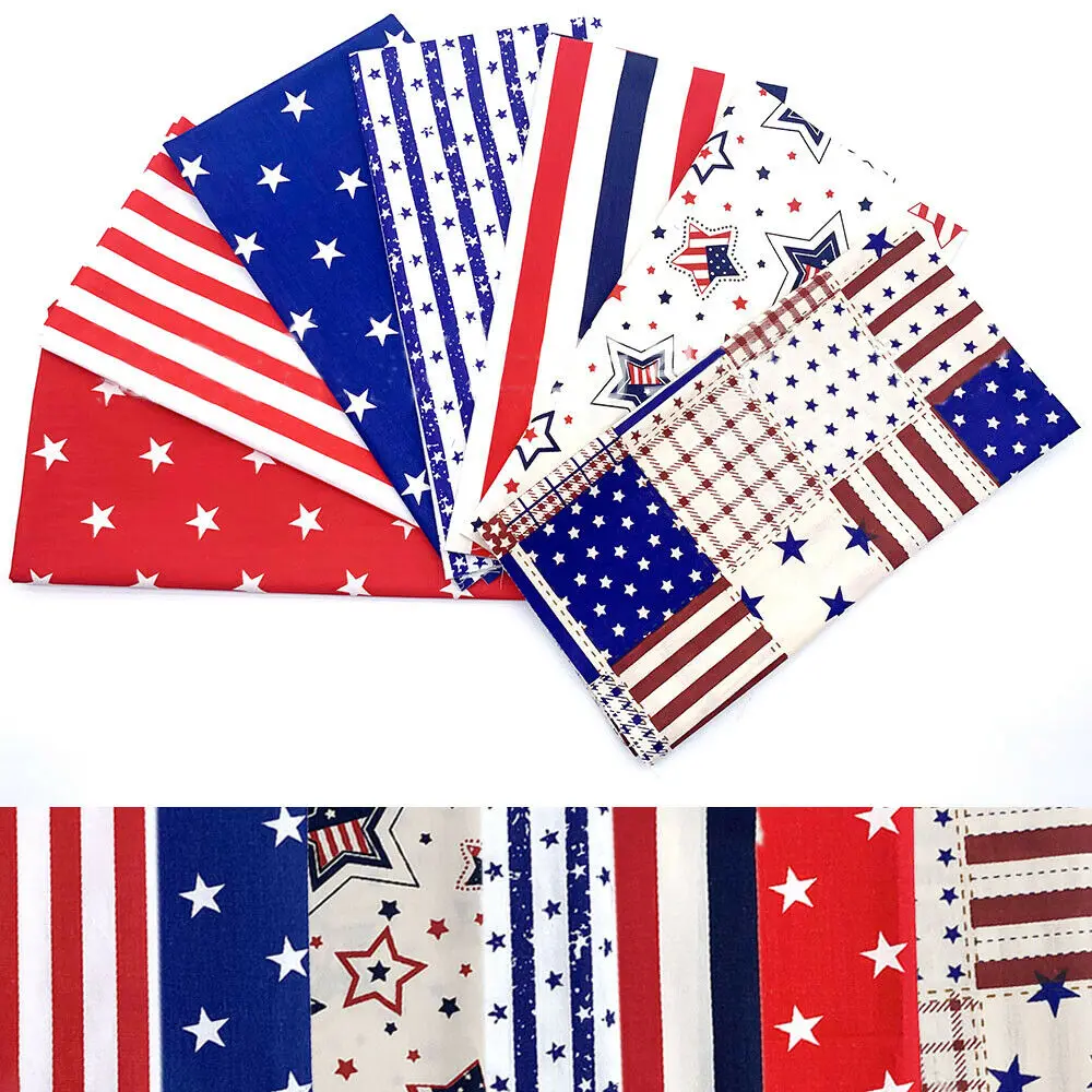 Picture 3: 7Pcs/set Stars Stripe Printed American Flag Style 100% Cotton Twill Fabric Square Patchwork Home Textile Cloth Group Diy Sewing