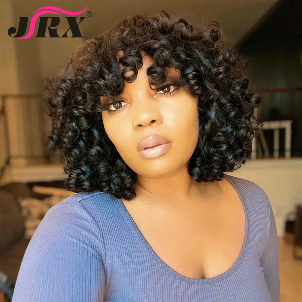 Loose Curly Human Hair Wigs with bangs Brazilian Remy Short Curly Bob Full Machine Made Wigs for Women Spiral Bouncy Curly Wigs