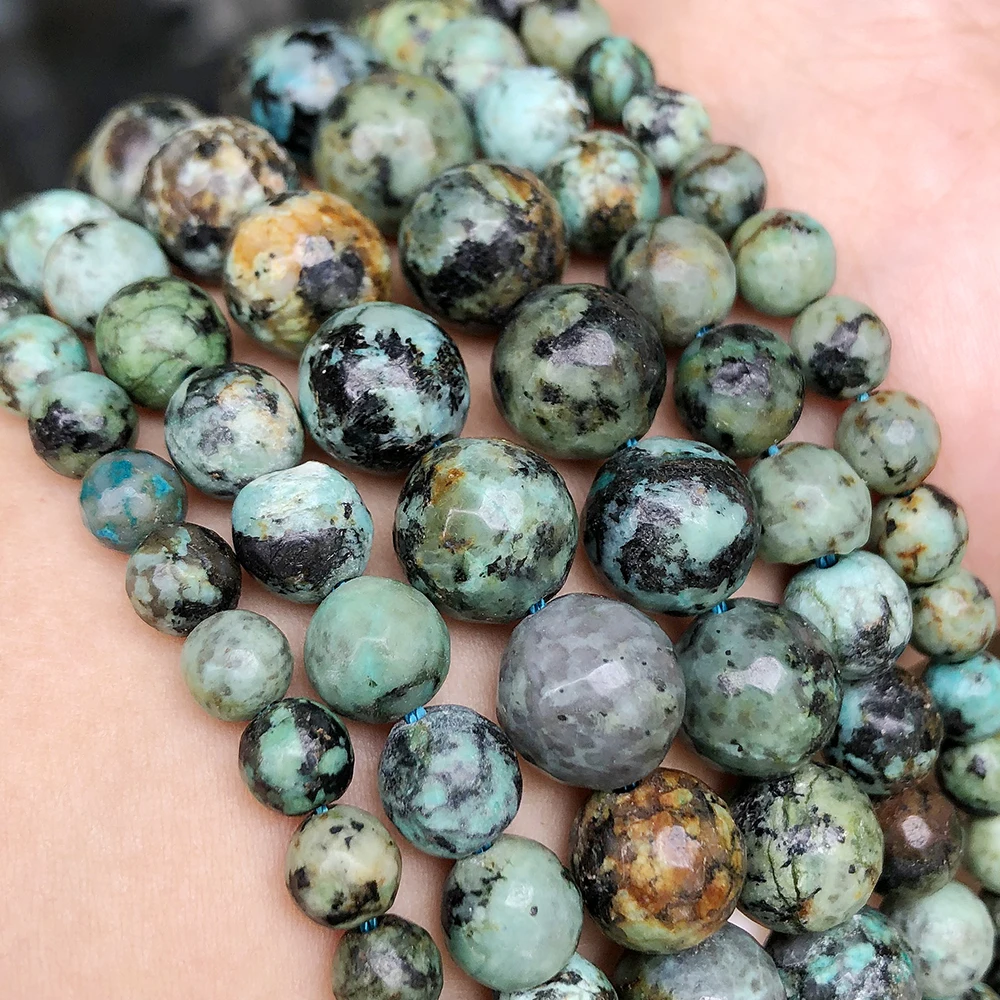 Faceted Natural African Turquoise Stone Beads Round Loose Mineral Beads for Jewelry Making DIY Handmade Bracelet 15\'\' 4 6 8 10mm