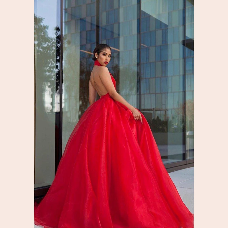 Sexy Open Back Prom Dress Puffy Skirt Halter Neck Long Formal Graduation Evening Dress Party Gown Custom Made vestidos elegantes