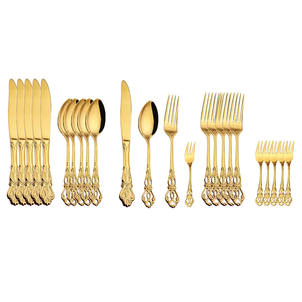 24pcs Stainless Steel Cutlery Set Gold Dinnerware Western Food Royal Tableware Christmas Fruit Forks Knives Coffee Spoons Gift