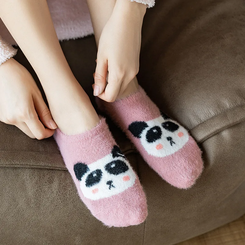 Ladies Socks Women Short thick Invisible Warm Socks Winter Mink cashmere Slippers cartoon Socks Ladies Panda kawaii Ankle Sock