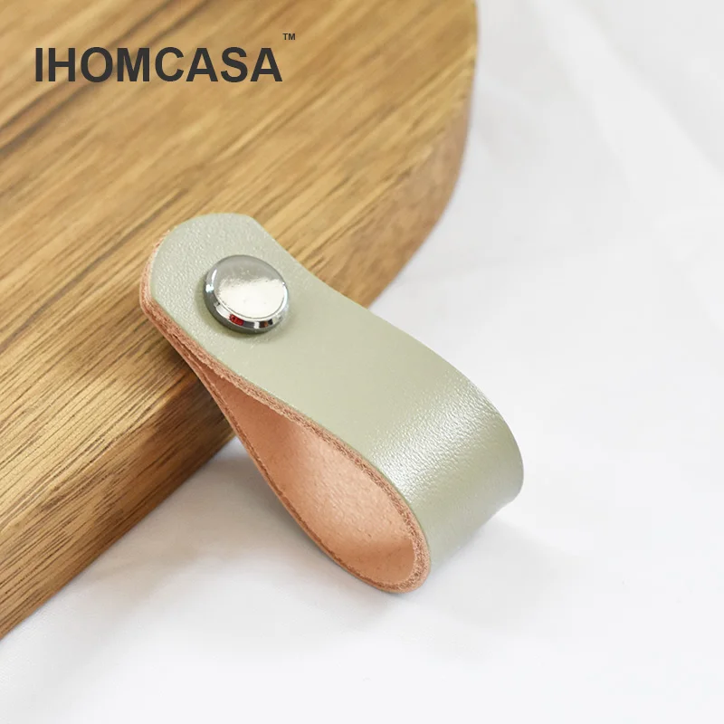 IHOMCASA Gray Cowhide Handle Nordic Modern Style  Furniture Drawer Child Door Knobs Cupboard Kitchen Shoe Cabinet Leather Pulls image 4