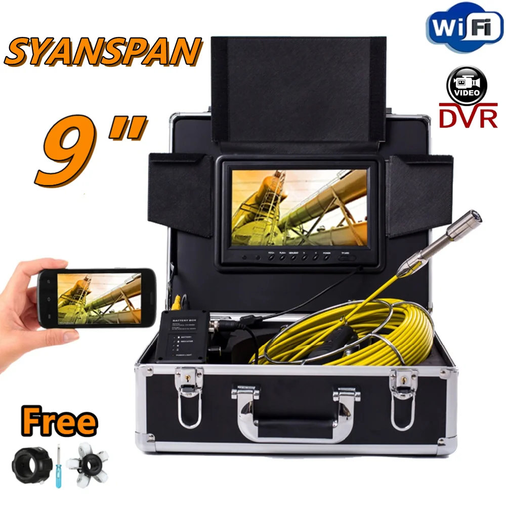 

9" Wireless WiFi 20/30/50M DVR Function SYANSPAN Pipe Inspection Camera HD Screen IP68 Drain Sewer Pipeline Industrial Endoscope