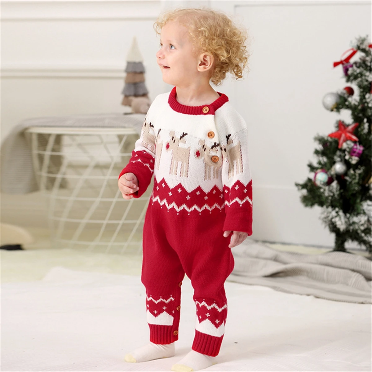 2020 Baby Boys Girls Sweater Christmas Clothes Romper Reindeer Long Sleeve Elk Printed Jumpsuit New Year\'s Costume 3-18 M