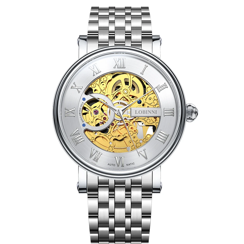 LOBINNI New Transparent Case Open Work Stainless Steel Mechanical Skeleton Wrist Watch Luxury Men Waterproof Automatic Watches