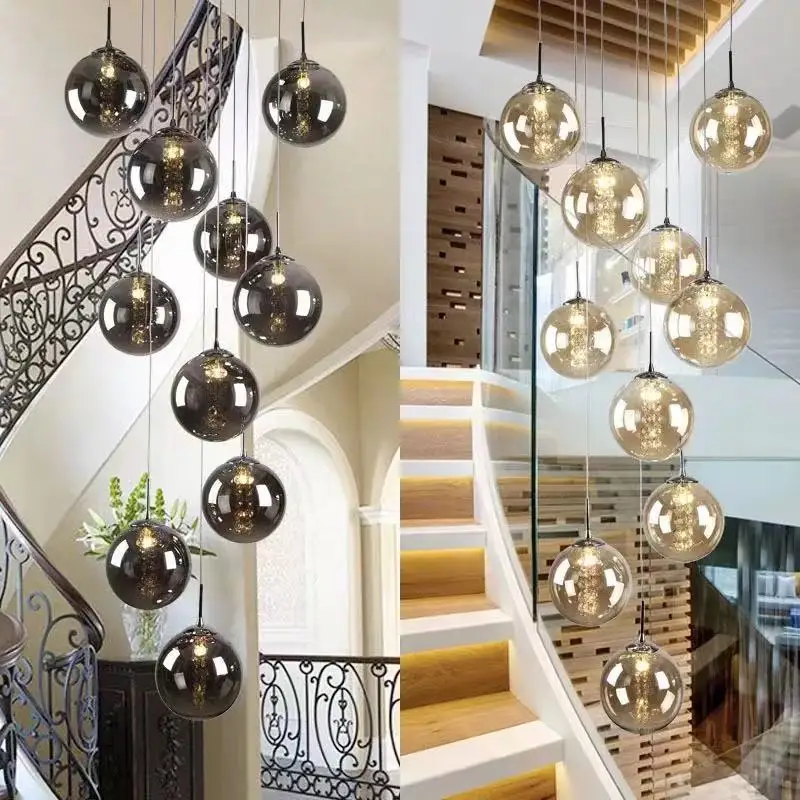 Nordic glass ball chandelier staircase black ball light spiral light g4 led staircase hotel chandelier villa lighting staircase