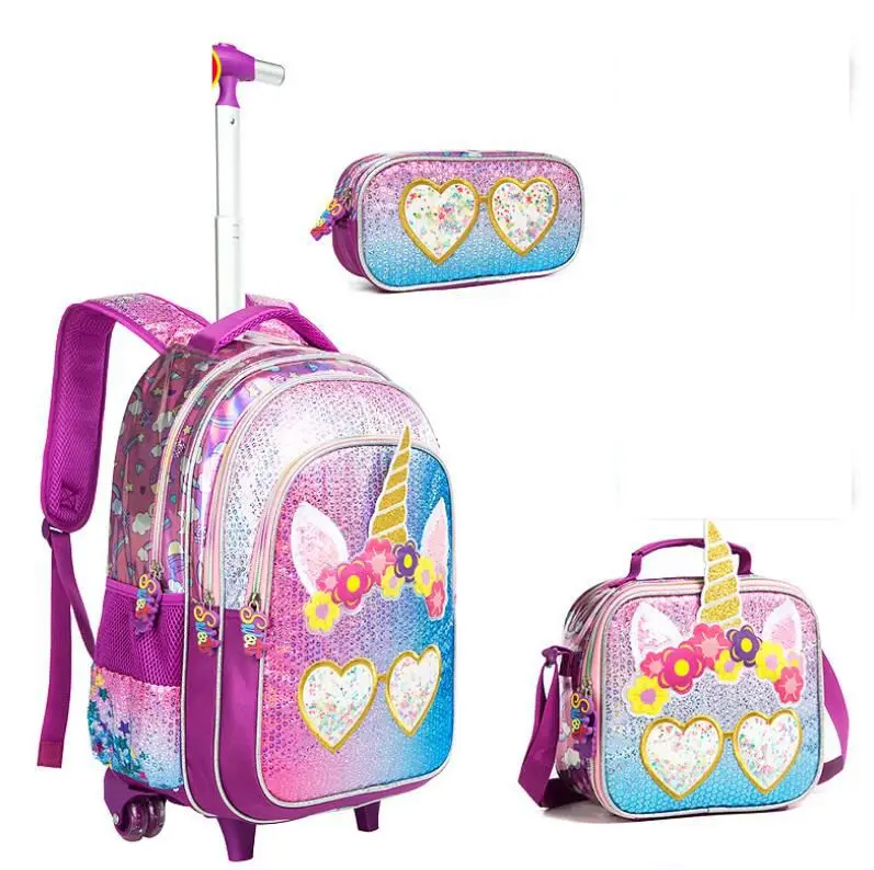 School wheeled backpack bag lunch bag set school Rolling backpack bag with wheels student school trolley backpack Bag for girls