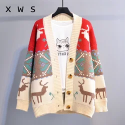 2023 autumn Women Fashion Korean Sweater Jackets DEER Christmas Long Knit Coat Oversized Knit Sweater and Cardigans Femme