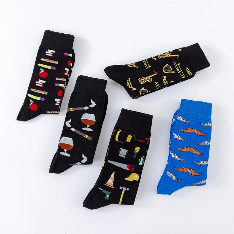 MODA MULAYA Happy Socks Men/Women Art Cigar Apple Toolkit Books Beautiful Wine Beard Sportsman 2020 New Funny Socks Dark Style