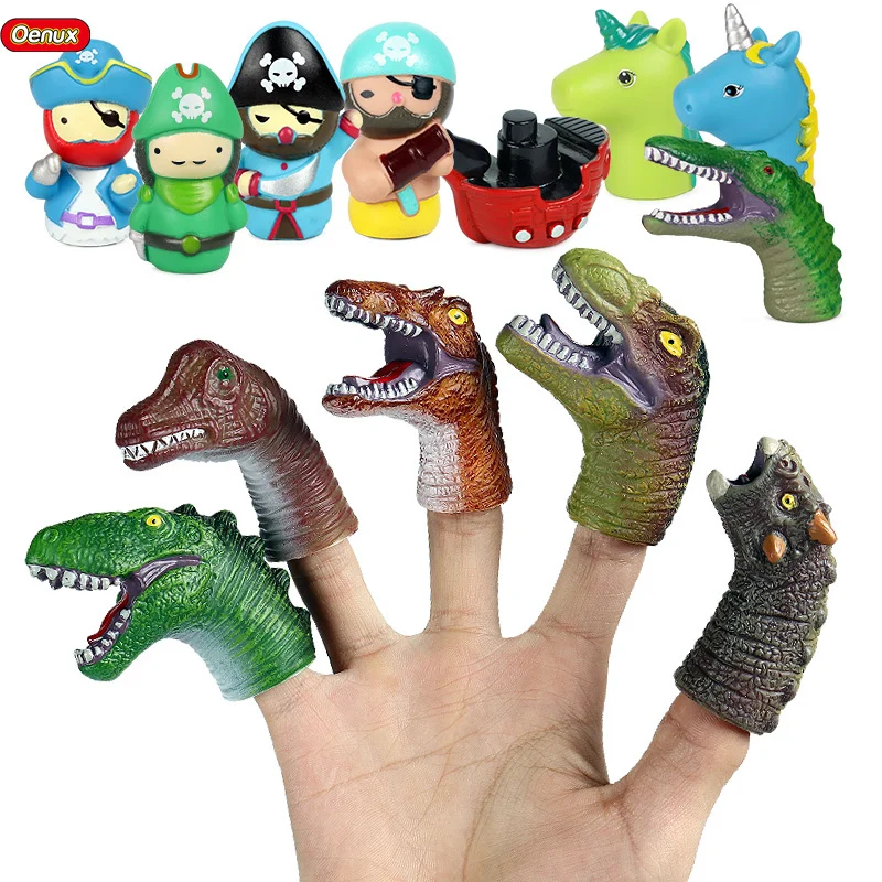 Oenux Head Hand Puppet Jurassic Dinosaur Pirate Action Figures Finger Mini Baby Animals Model Early Educational Toy For Kids