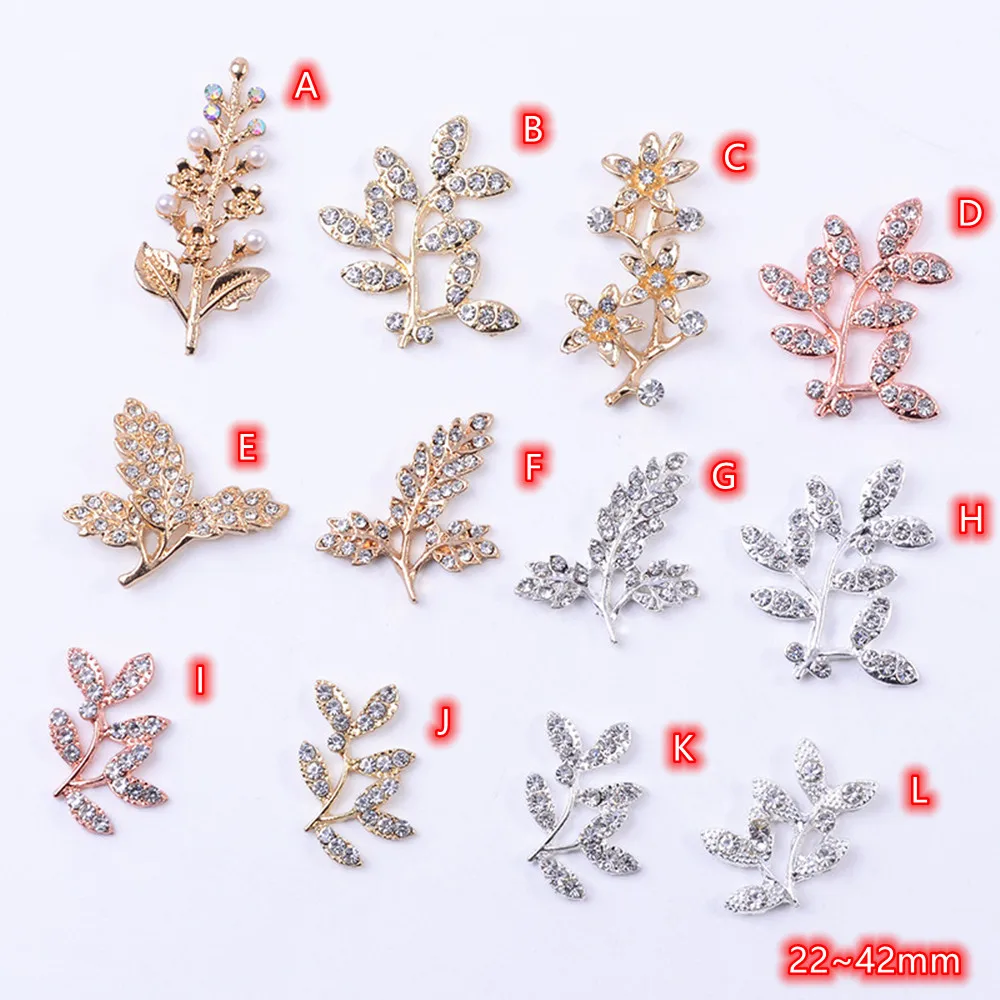 

Gold Rhinestone Leaf Embellishment Button 10pcs Flatback Metal Flower Charms Pendant for Jewelry making Accessories Wholesale