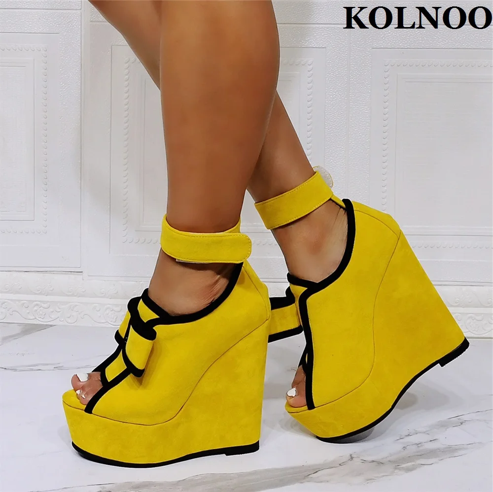 Kolnoo New Women Handmade Wedge Heel Sandals Peep-toe Real Pictures Faux Suede Summer Evening Xmas Party Prom Fashion Club Shoes