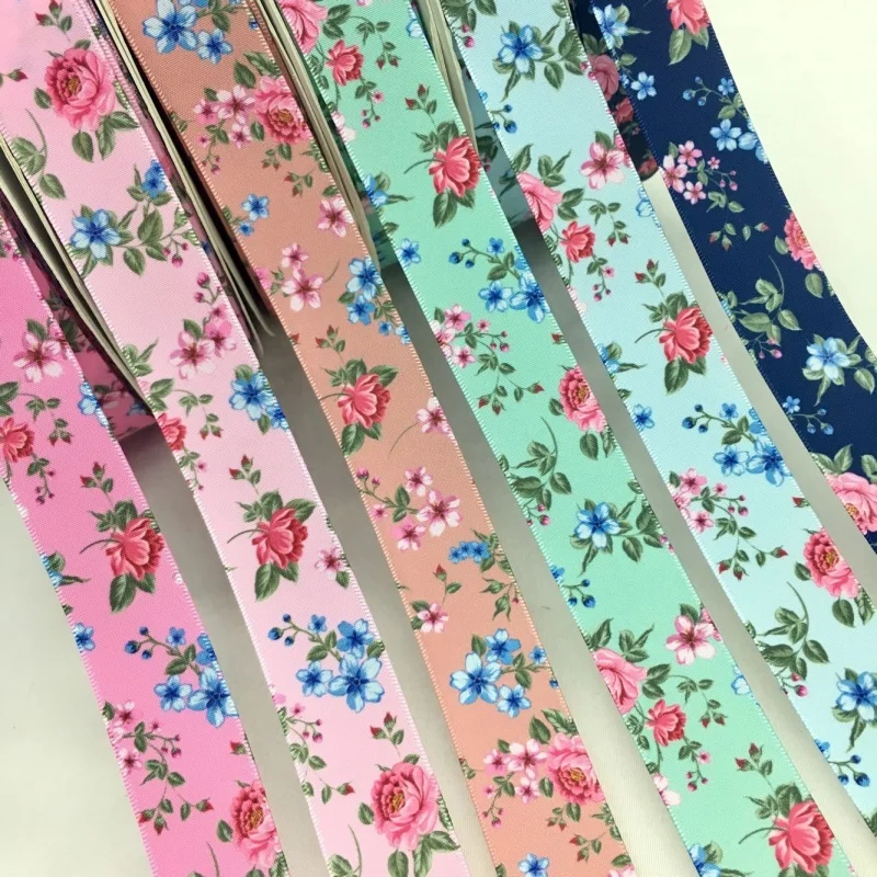 5Y 2.5cm Beautiful Flowers Printed Satin Ribbon For Handmade DIY Craft Bows  Marriage Easter Christmas Deco Gift Floral Packing