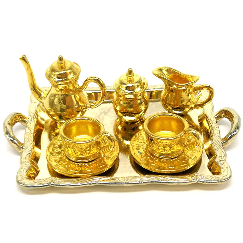 Casa de muñecas en miniatura de Metal, muebles de casa de muñecas en miniatura, vajilla de comedor, plato de taza de tetera de juguete, 10 unids/set por juego