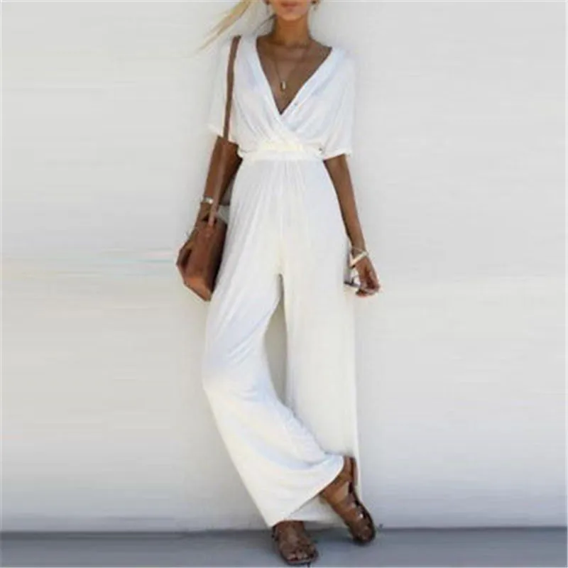 2022 Nieuwe Zomer Vrouwen V-hals Losse Playsuit Jumpsuit Dames Korte Mouw Losse Wijde Pijpen Lange Outfit Strand Cover Ups