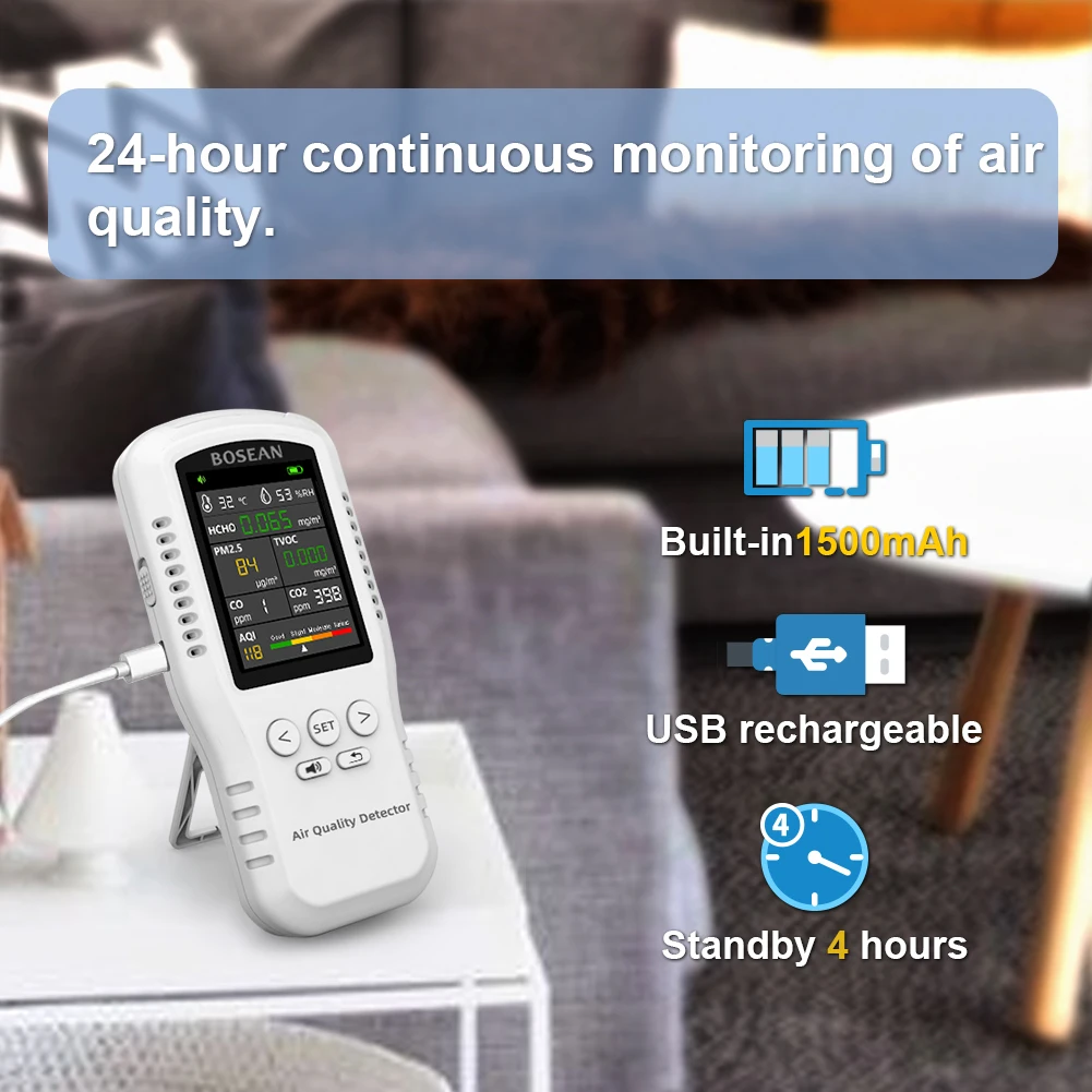 Bosean Air quality Monitor CO2 CO PM2.5 HCHO TVOC Temperature Humidity Monitor Home Air quality detector with Real Sensors