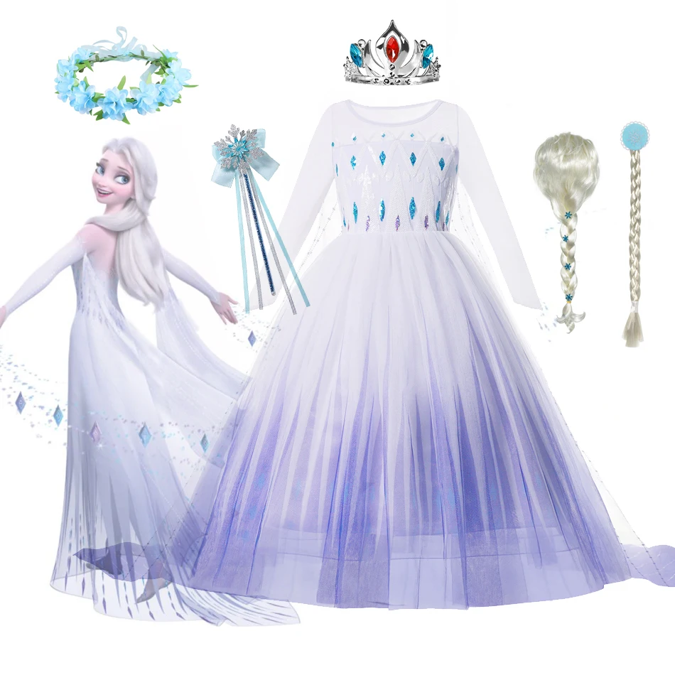 Disney Princess Elsa Cosplay Halloween Dress for Girl Kids Fancy  Clothings Frozen Elza White Dress Party Birthday Snow Queen