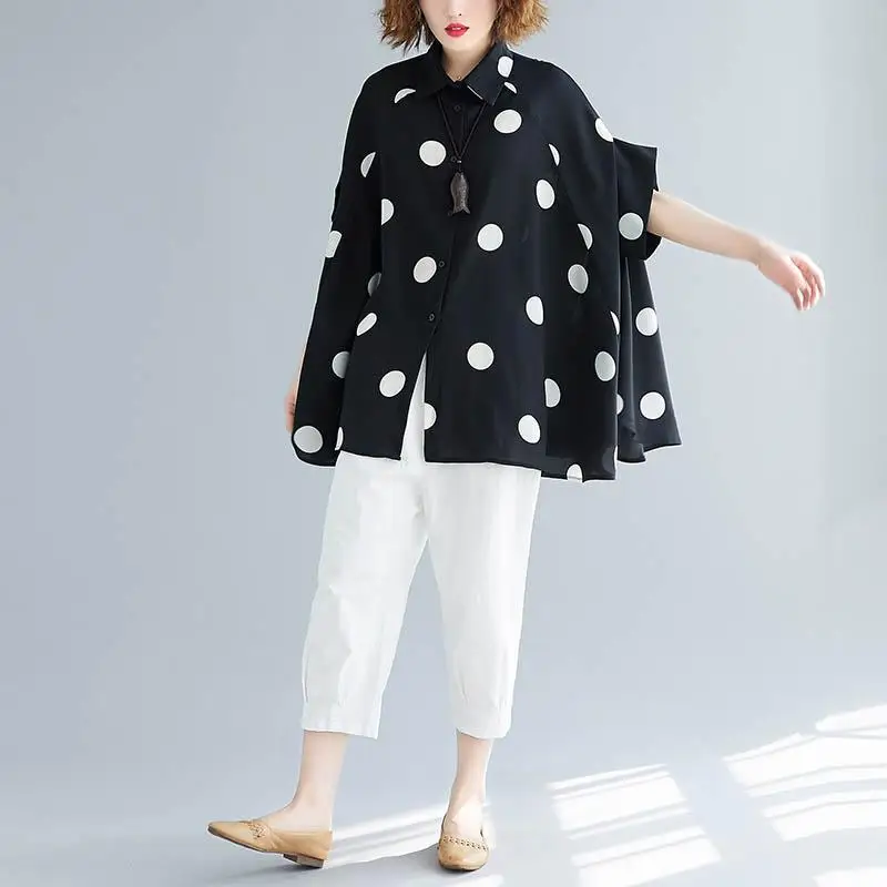 OverSized Polka Dot Chiffon Shirt Blouse Women Summer 2023 Casual Korean Batwing Sleeve Womens Tops and Blouses White Shirt