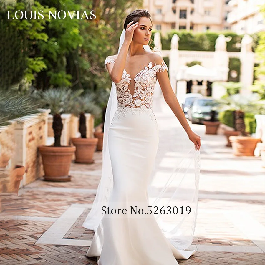 Louis Novias Gợi Cảm Người Yêu Thời Trang Hở Lưng Nàng Tiên Cá Áo Cưới Lãng Mạn Appliques Ngắn Áo Cưới Đầm Vestido De Novia