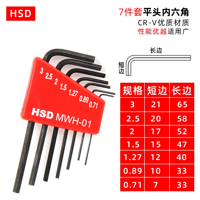 HSD Metric Inch Allen Wrench Set Mini Mini Flat Head 7-piece Set Small 0.71/0.89~3
