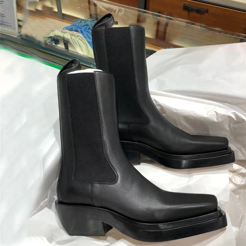 New Chelsea Boots For Women Square Toe Platform Shoes Women Black Leather Ankle Boots Winter Boots Women Fashion Botines Mujer