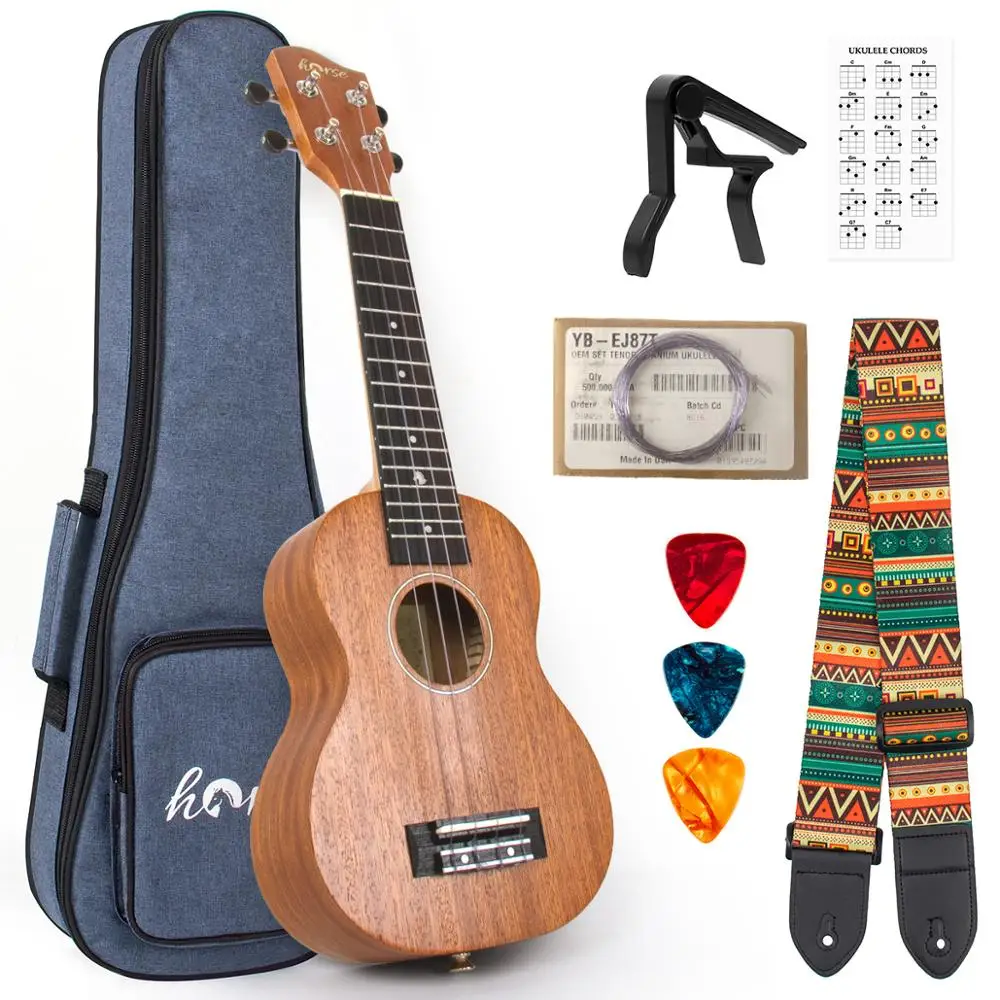 Horse Soprano Ukulele Mahogany 21 inch Ukelele for Beginer with Gig Bag Tuner Strap String Capo Picks