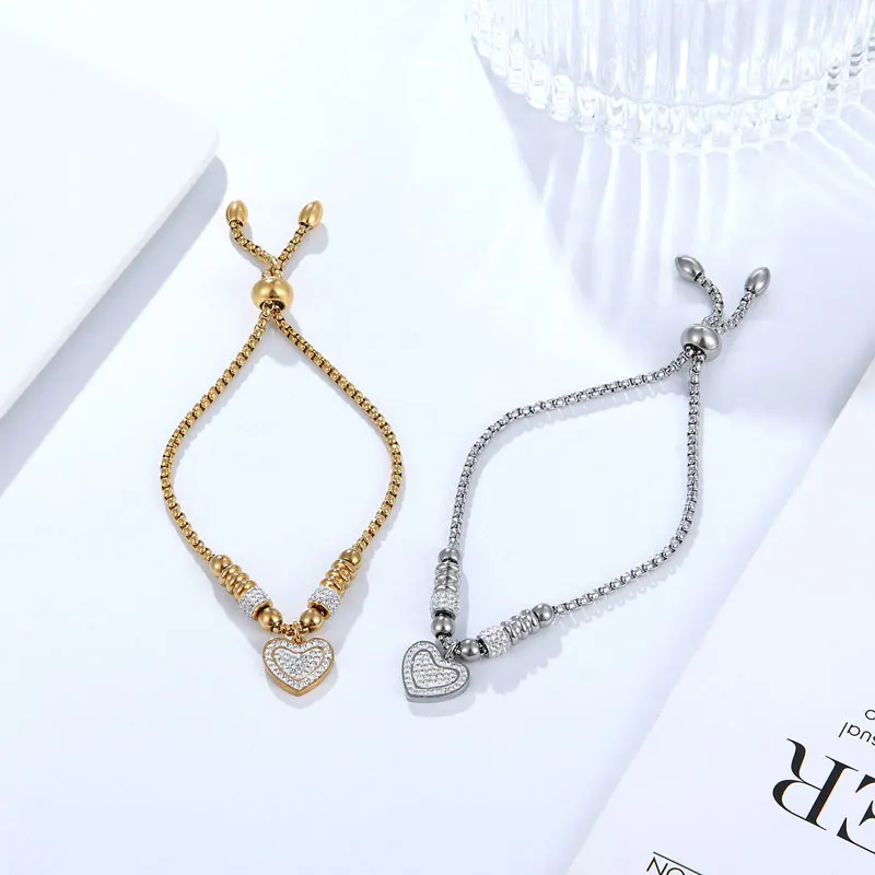 Adjustable Size Full Zircon Heart Charm Stainless Steel Gold Color Bracelet For Women Kids Best Christmas Birthday Gift