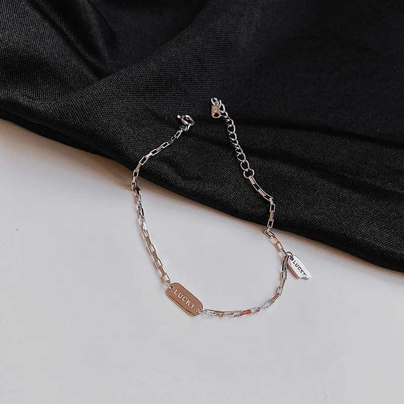 Silvology 925 Sterling Silver Square Lucky Letter Bracelets Wide Chain Minimalist Elegant Bracelets for Women 925 Office Jewelry