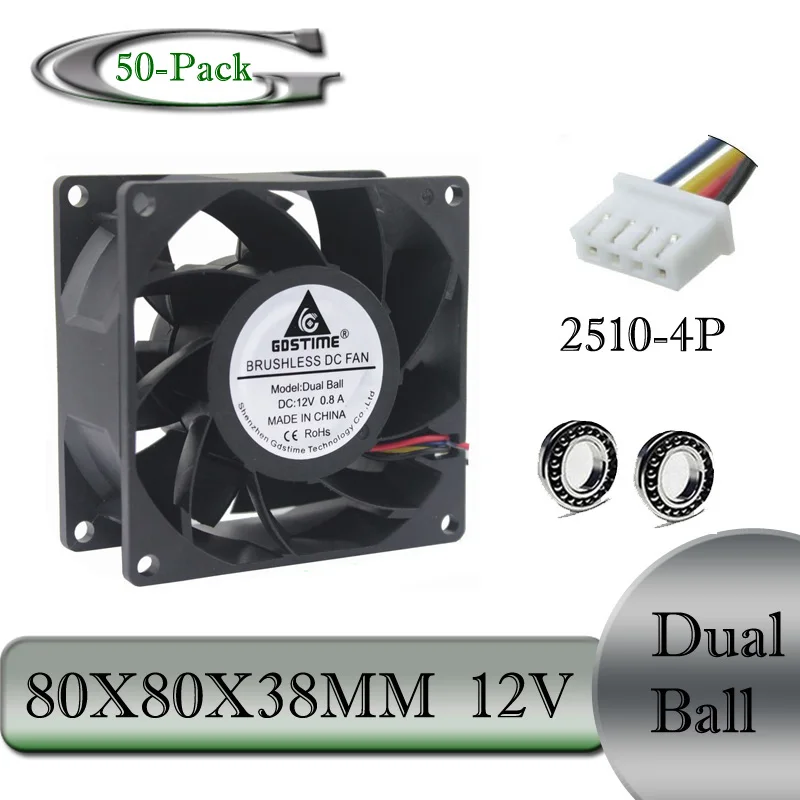 

50Pcs Gdstime 12V Two Ball Bearing PC DC Cooling Fan 80x80x38mm 4Pin 4 Wires 8038 8cm Brushless Cooler Fan 80mm 24 Volt