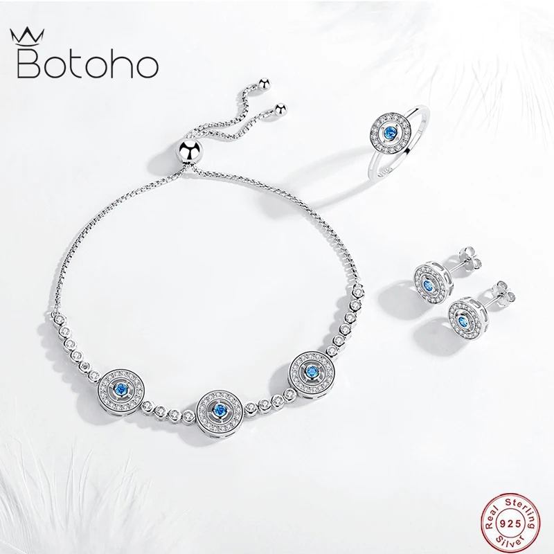 

100% Real 925 Sterling Silver Bracelet Light Luxury Clear Zircon Bracelet Adjustable Blue Eye For Women Jewelry Ring Ear studs