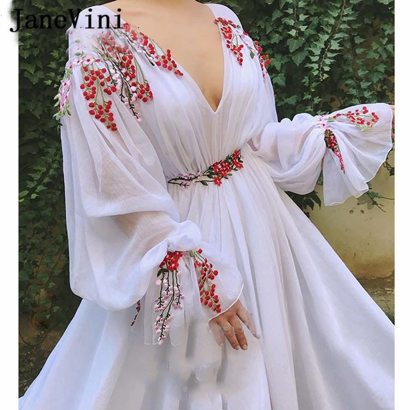 JaneVini 2020 Sexy Arabic White Long Sleeves Evening Dresses Deep V Neck Red Flowers Chiffon A Line Plus Size Women Dinner Gown