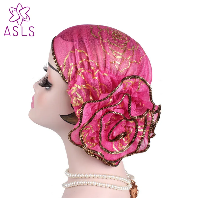 High Quality Women Elegant King Flower Elastic Mesh Turban Chemo Cap Beanie Head Wrap Head Muslim Scarf for Hair Loss Hijab Hat