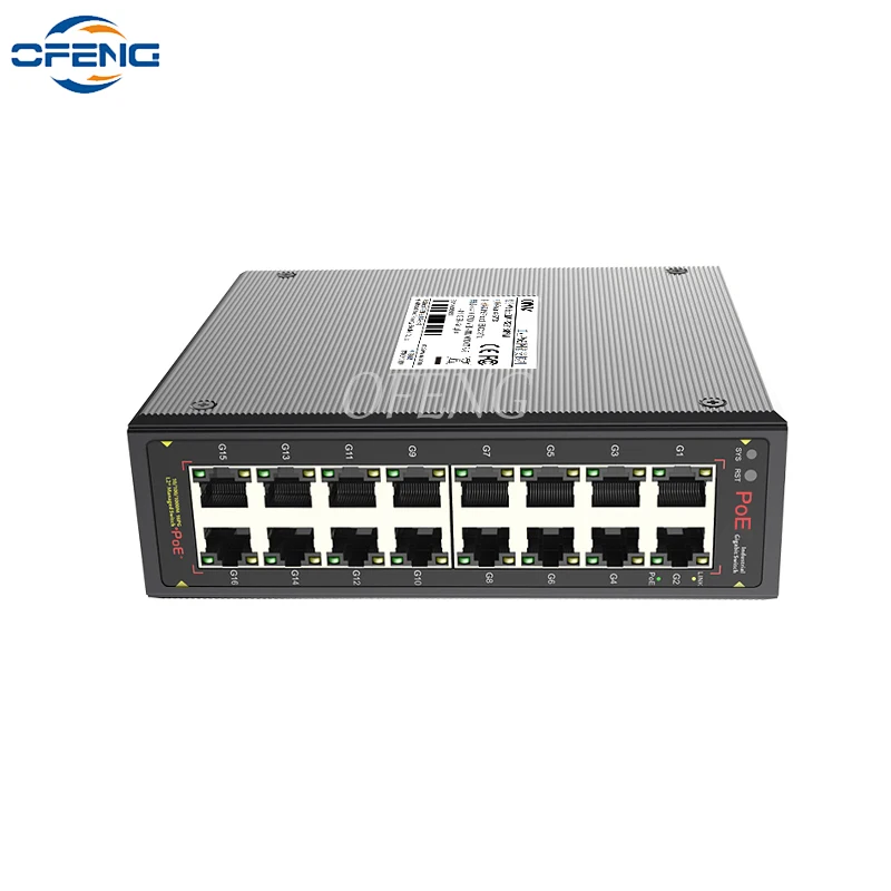 16 port Full Gigabit Managed Industrial POE Ethernet Smart Switch 16 * POE port 802.3af/at IP40 Lightning Protection DIN rail