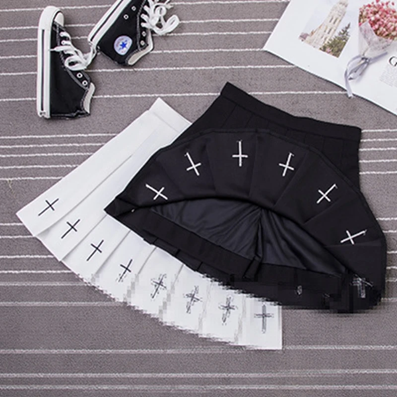 High Waist Mini Black Skirts Gothic Streetwear Cross Print Pleated Women Skirts Casual College Lolita Harajuku Skirt