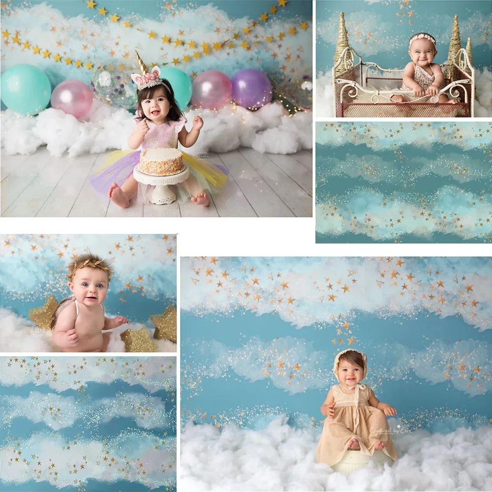 Gold Glitter Stars Photocall Newborn Children Birthday Portrait Photography Backdrop Green Blue Sky Cloud Paingting Background