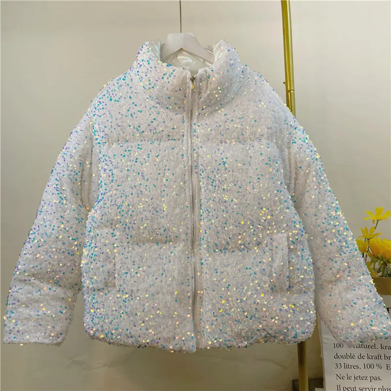 2024 New Winter European Loose Warm Thickening Sequin Cotton Jacket Woman Fashion Women Coat Loose Streetwear