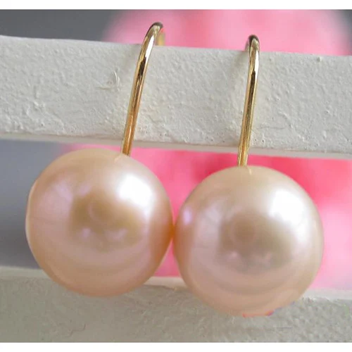 New Unique Woman Pearl Jewelry 12mm Natural Pink Oblate Round Freshwater Pearl Earrings 14k/20 Gold Hook Wedding Birthday Gift