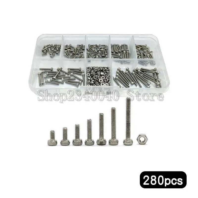 280Pcs/set 2mm Allen Bolts With Nuts 304 Stainless Steel Screw Cap Head Screw Bolt Nut M2*4/5/6/8/10/12/16 Hexagon Socket Screws