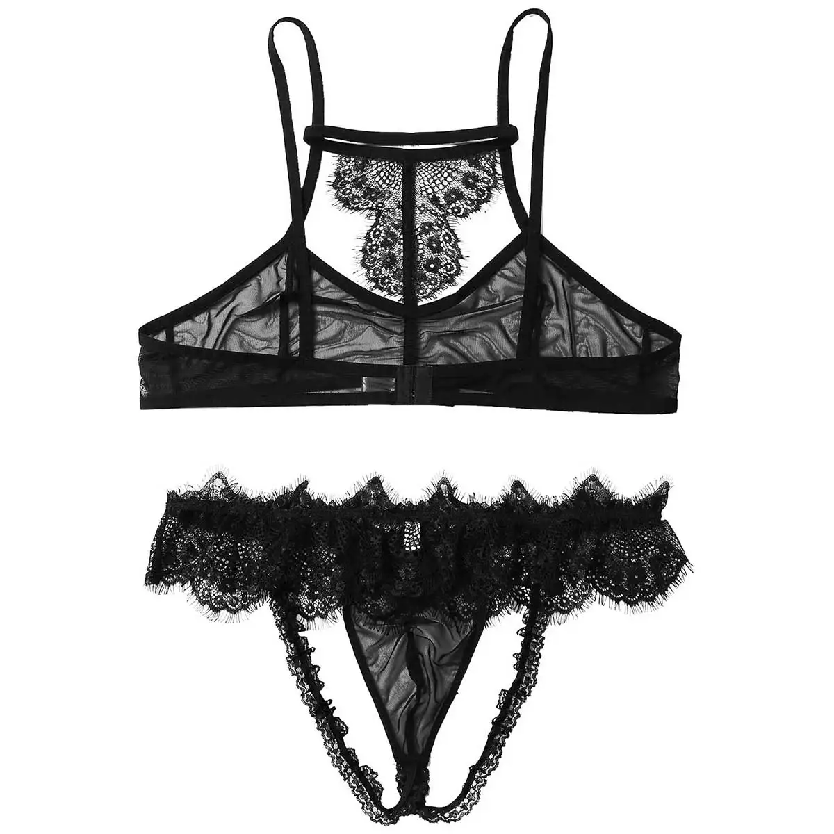 Hot Sexy Men Crossdressing Sissy Lingerie Set See Through Sheer Mesh Lace Gay Underwear Bra Top with G-strings Thongs Panties