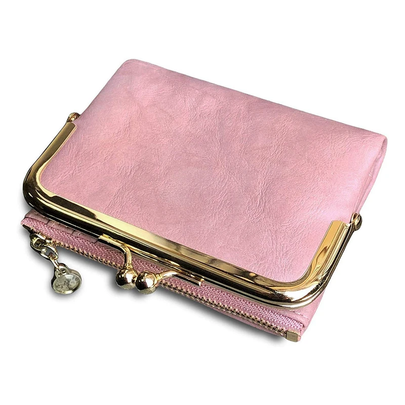 

Women's Short Wallet Bifold Retro Multifunction Coin Purse with Zip and Kiss Lock Pink