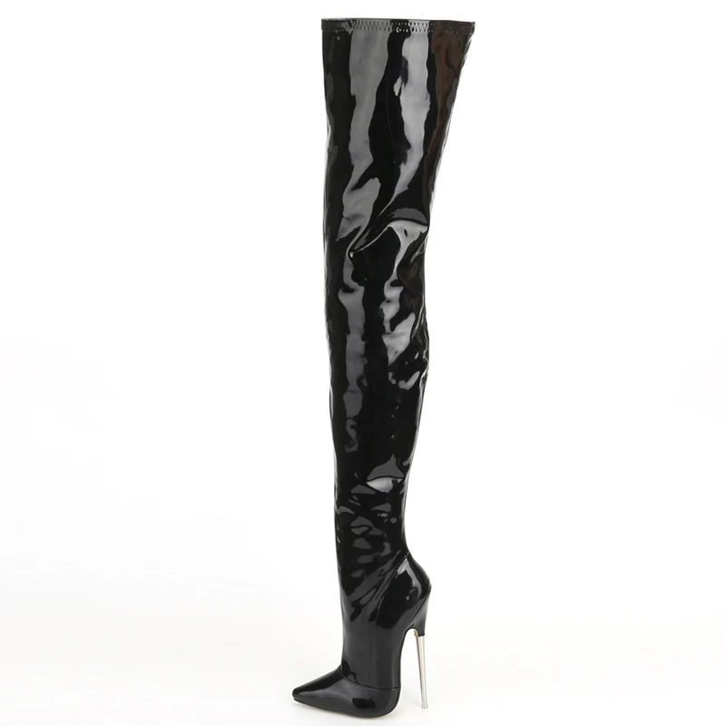 Jialuowei Crotch Boots mit Stiletto-Absätzen, Damen-Winterstiefel, Lackleder, Schwarz, Stretch, oberschenkelhohe Stiefel, Übergröße