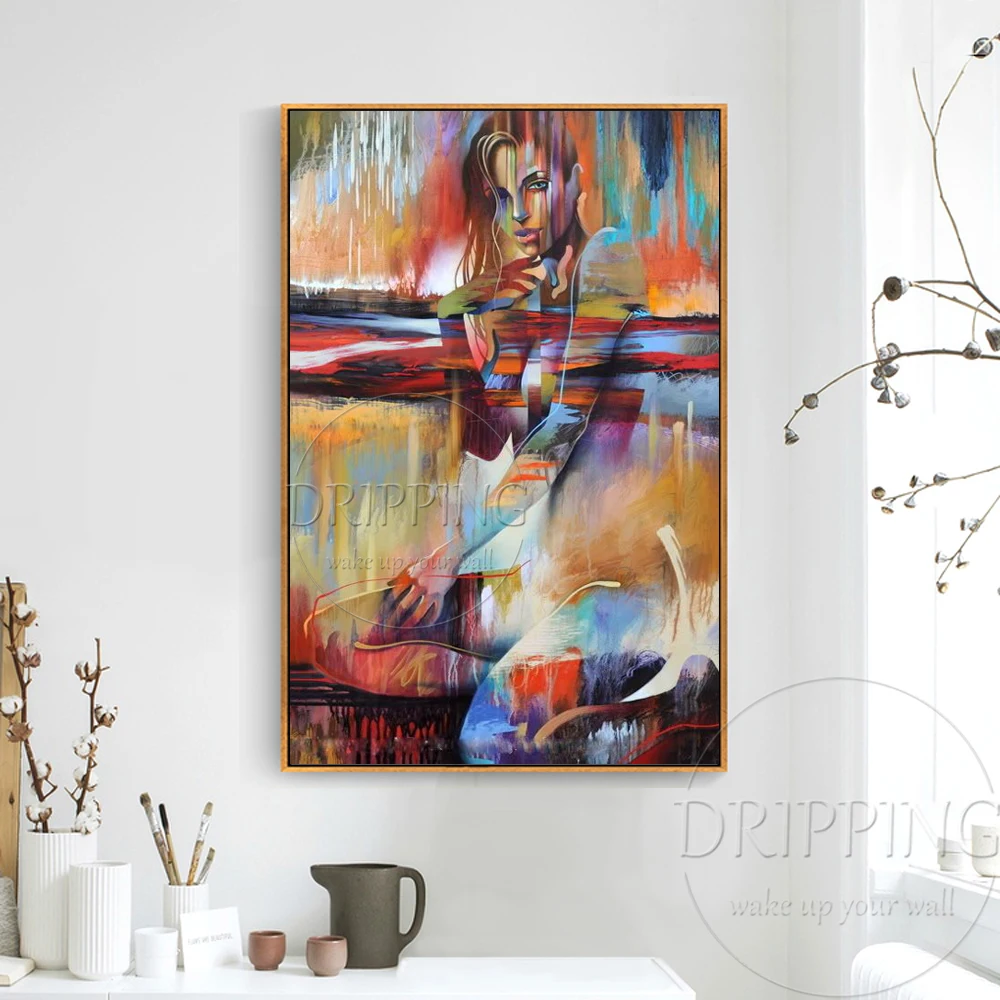 Pure Hand-painted Abstract Nude Woman Figure Acrylic Painting on Canvas Abstract Nude Girl Portrait Acrylic Painting for Bedroom