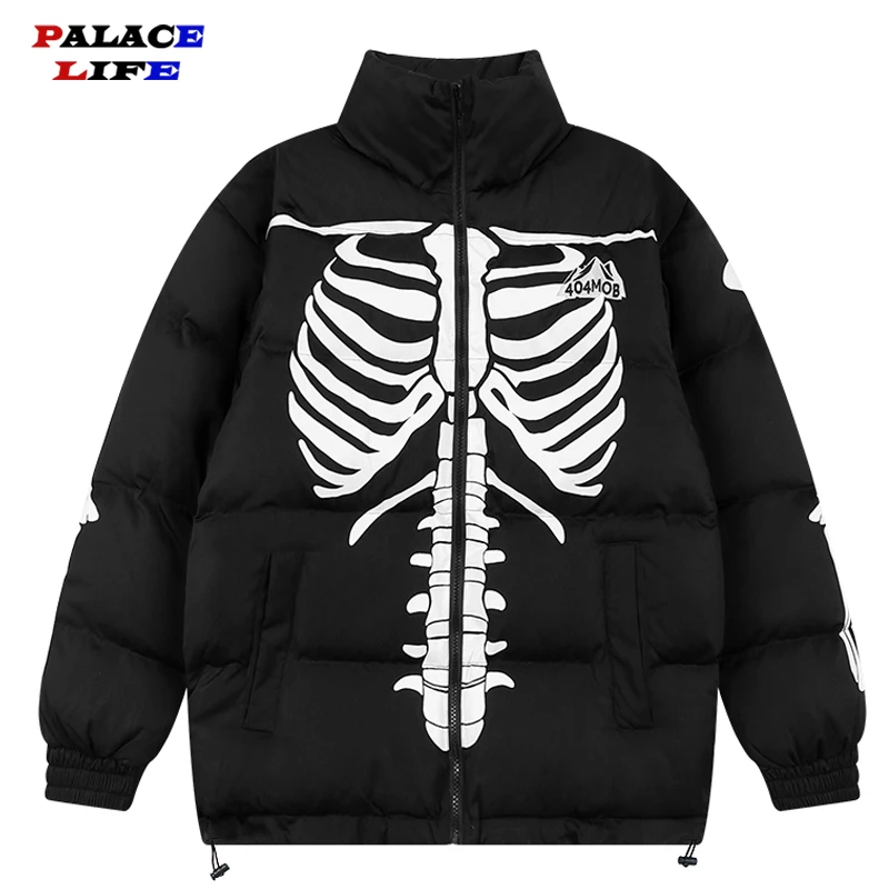 Harajuku Streetwear Winter Padded Parkas Jacket Men Skeleton Print Loose Thicken Jacket Cotton All-Match Outwear Couple 2021