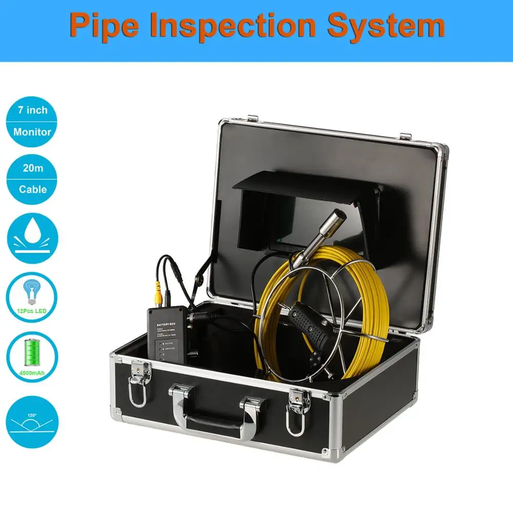 23mm Lens Industrial Endoscope 7 Inch Monitor 20M Fiberglass Cable Handheld Sewer Pipe Inspection Camera System for Drain Pipeli