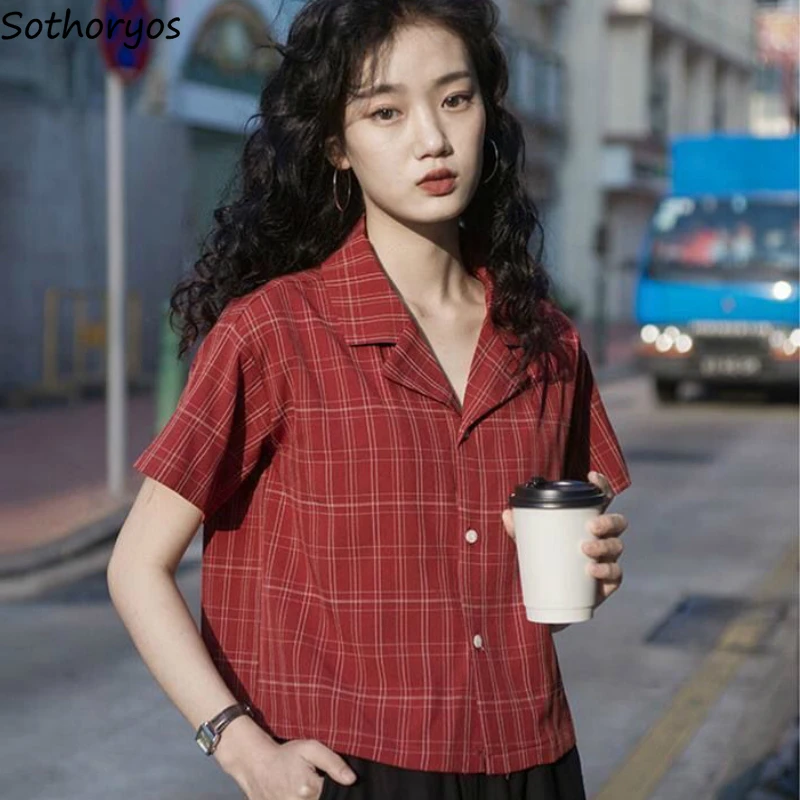

Women Blouses Plaid Notched Retro Crop Tops Loose Casual All-match Basic Thin Single Breasted Fashion Korean Style Female Chic