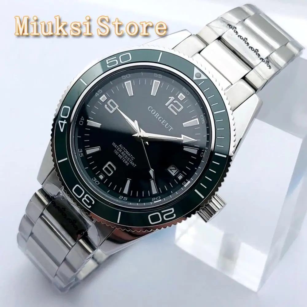 CORGEUT 41mm Men\'s Top Mechanical Watch Sapphire Glass Ceramic Bezel Green Dial Date Waterproof Stainless Steel Automatic Watch