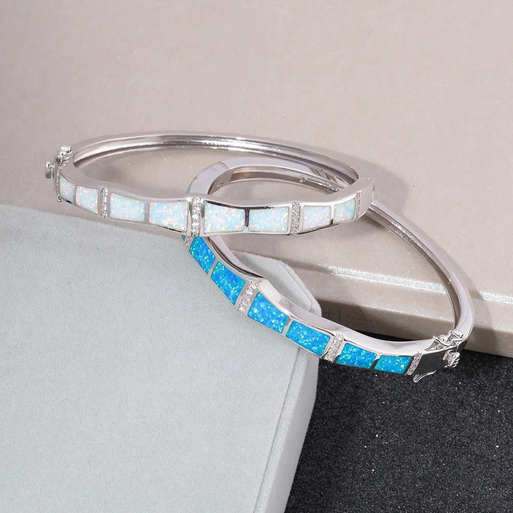 CiNily Plus Size White & Blue Fire Opal Stone CZ Crystal Filled Bangles Silver Plated Bohemia BOHO Vintage Luxury Jewelry Woman