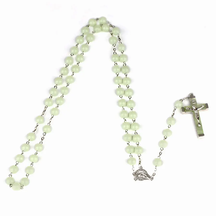 Glow In The Dark Rosary Necklace For Women INRI Crucifix Cross Pendant 8MM Beaded chains Religion faith Jewelry