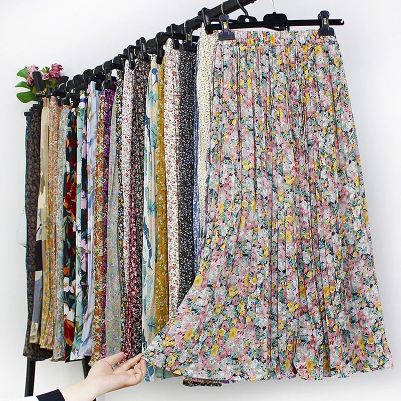 

Women Summer Boho Chiffon Long Skirt Elegant Floral Print Pleated Skirts Elastic High Waist Casual Midi Skirt Women Clothes 2021